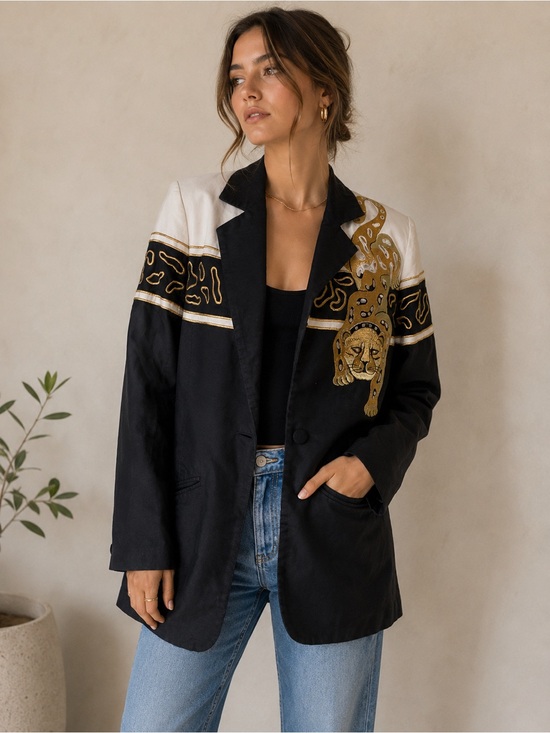 Lew Magram Jackets & Blazers - Vintage Lew Magram Leopard Black Gold Statement Embroidered Blazer size 8